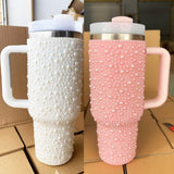 Presale USA_40oz H2.0 White Pink Rhinestone Pearl Bling Tumblers 20pcs_USPNY