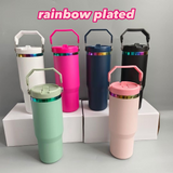 Customized🌈30oz Rainbow underneath Powder Coat Black Lids Flip Straw Tumblers for laser engraving_CNPNY