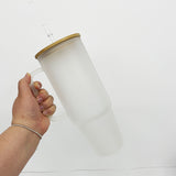 32oz/40oz Clear_Frosted Glass Tumbler With  Plastic_Bamboo Lids _CNPNY