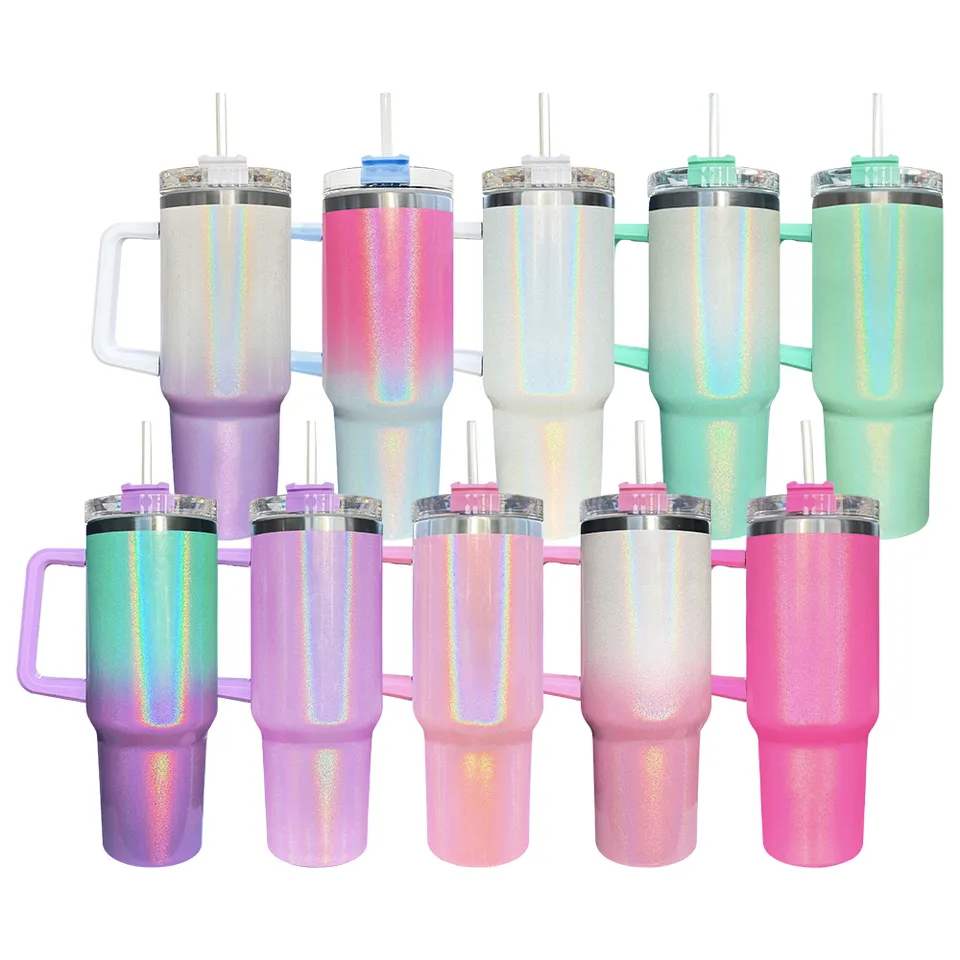 US shipping wholesale 40oz Stanley Ombre Glitter Gradient Tumbler Shimmer  Mug 20pack Stainless Steel Insulated with Handle and Lid with Optional Straw