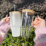 32oz/40oz Clear_Frosted Glass Tumbler With  Plastic_Bamboo Lids _CNPNY