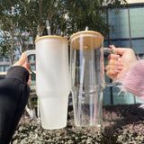 32oz/40oz Clear_Frosted Glass Tumbler With  Plastic_Bamboo Lids _CNPNY