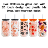 RTS USA_16oz Halloween Glass Can 50pcs With 3D Touch Design And Plastic Lids_USPNY