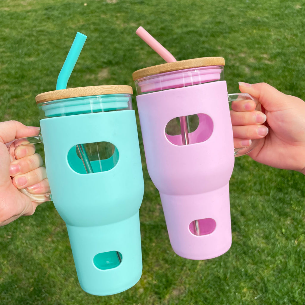 32 oz drinking glass glass VOKOVO 32 Oz Glass Tumbler with Bamboo Lid/straw and Silicone Sleeve_C – YPSub