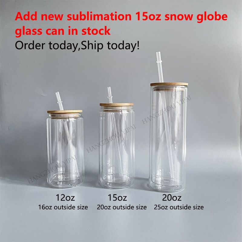 Snowglobe Double-Walled Glass Can w/ Bamboo Lid, 15oz or 18oz