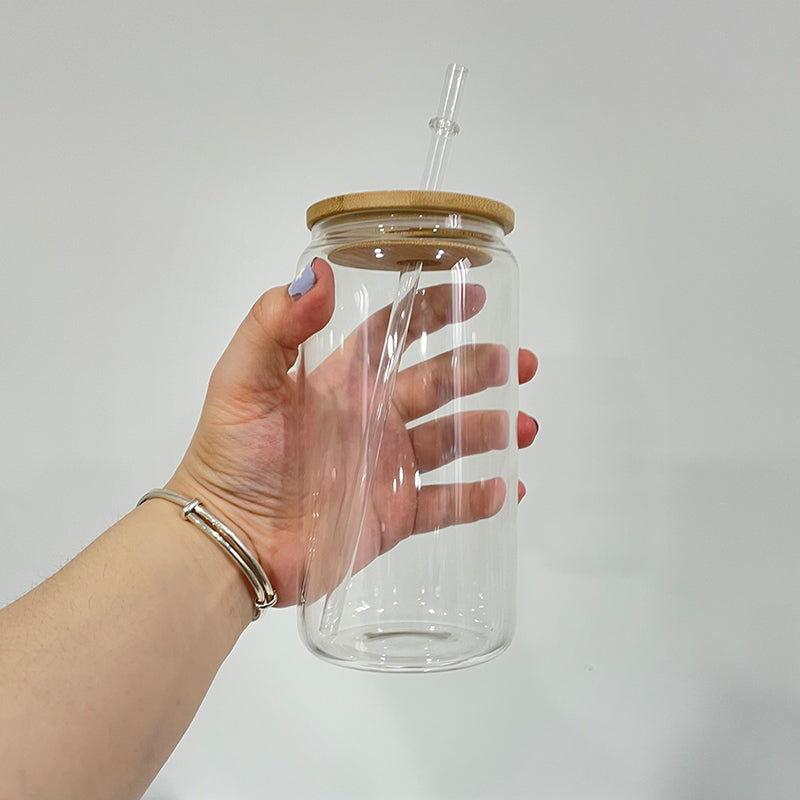 16oz Clear Glass Mason Jar with Wooden Sublimation Lid